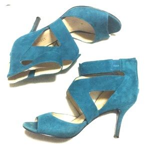 Teal suede strappy heels